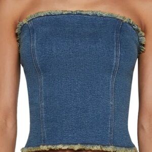 Motel Rocks Blue Denim Strapless Tube Top with Frayed Trim